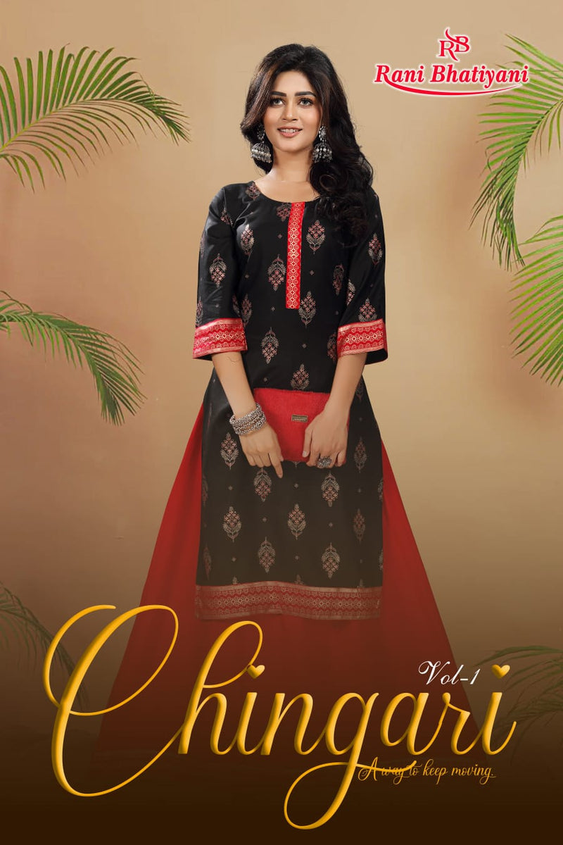 Rani Bhatiyani Chingari Rayon Foil Printed Fancy Party Wear Kurtis With Skirt