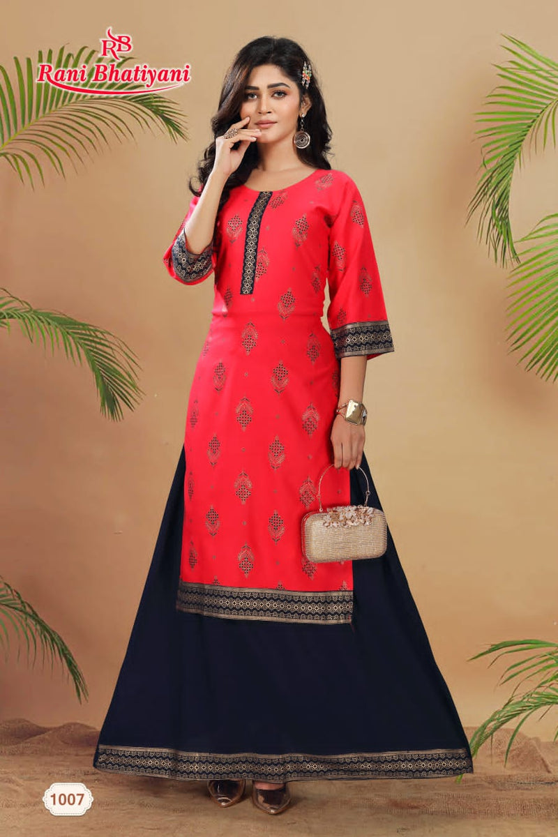 Rani Bhatiyani Chingari Rayon Foil Printed Fancy Party Wear Kurtis With Skirt