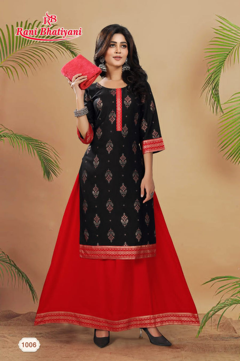 Rani Bhatiyani Chingari Rayon Foil Printed Fancy Party Wear Kurtis With Skirt