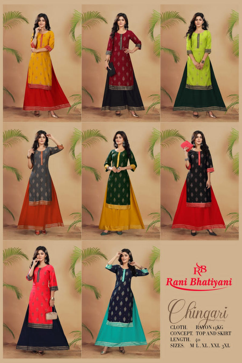 Rani Bhatiyani Chingari Rayon Foil Printed Fancy Party Wear Kurtis With Skirt