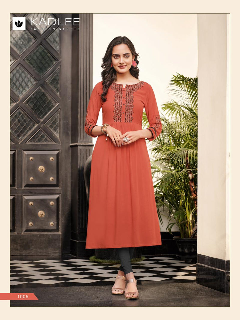 Kadlee Fashion Cindrella Rayon Fancy Party Wear Embroidered Kurtis