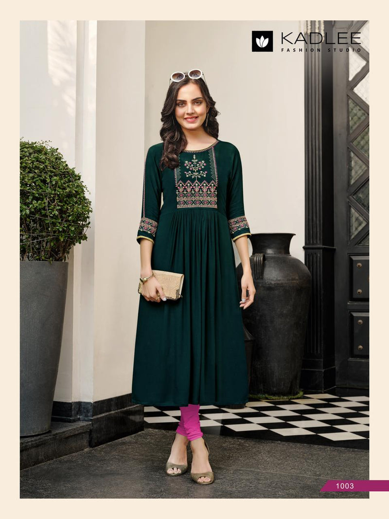 Kadlee Fashion Cindrella Rayon Fancy Party Wear Embroidered Kurtis