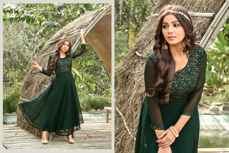 Tips & Tops Cindrella Georgette Long Fancy Gown Style Party Wear Embroidered Kurtis