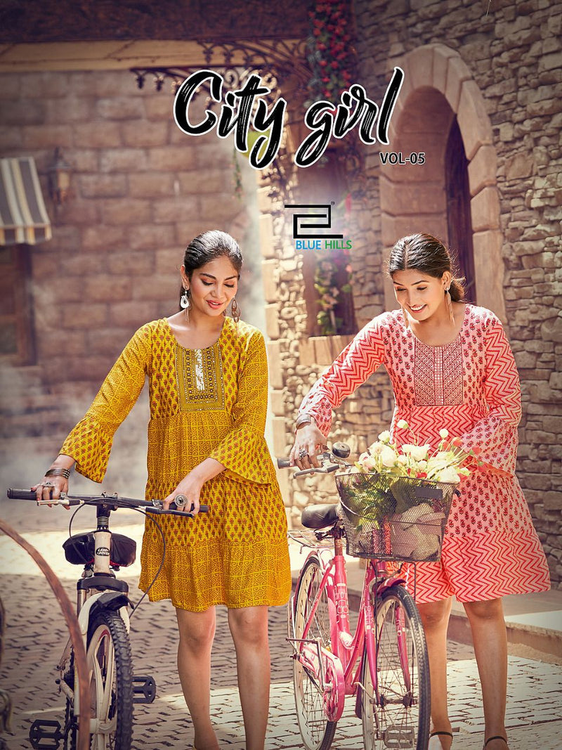 Blue Hills City Girl Vol 5 Rayon Tunic Style With Embroidery Work Stylish Designer Short Kurti