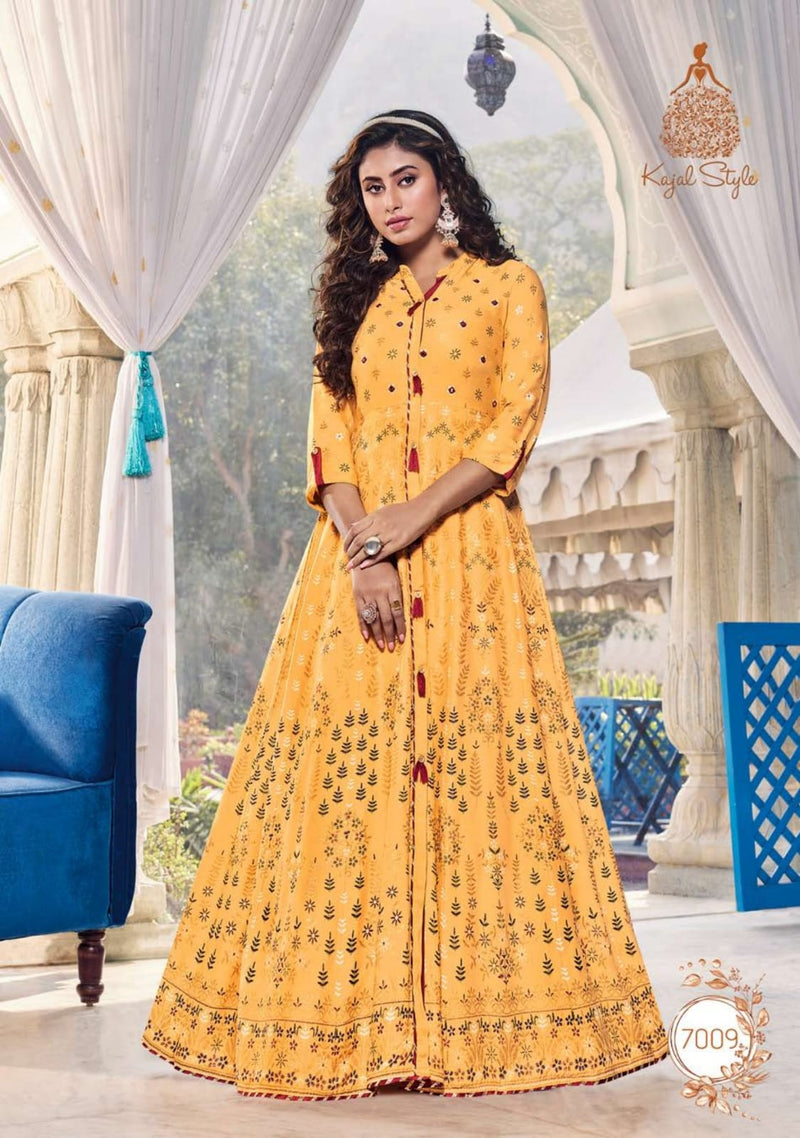 Latest Fashion Printed Mustard Yellow Rayon Kurti LKV001948