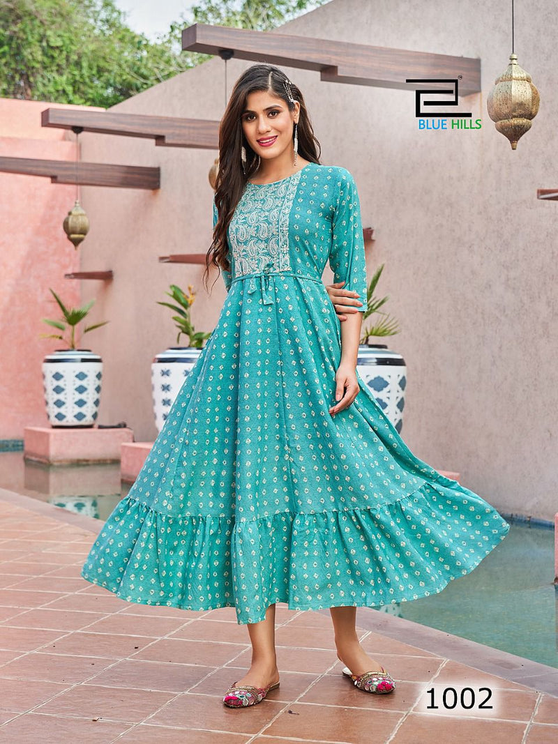 Blue Hills Colors Rayon Printed Fancy Gown Style Festive Wear Kurtis