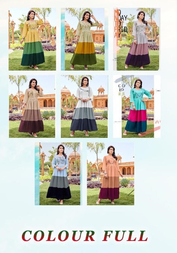 Akhand Jyot Colour Full Rayon With Heavy Embroidery Fancy Wear Stylish Designer Long Kurti