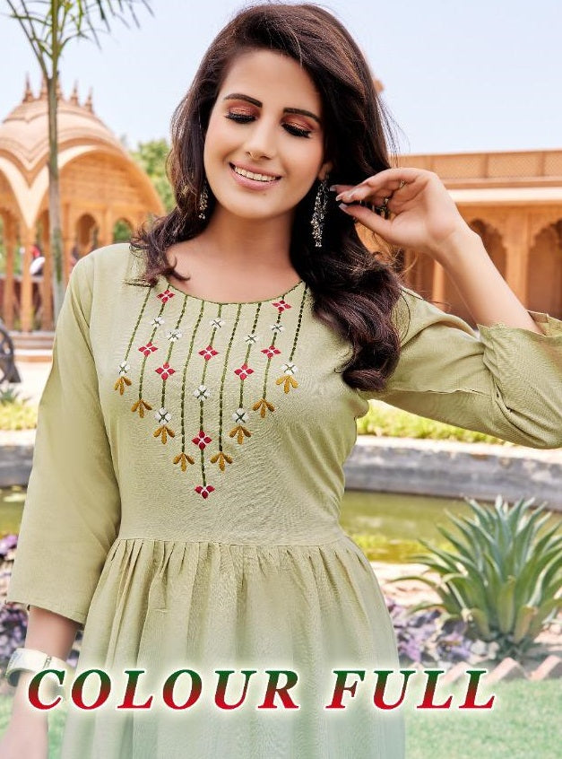 Akhand Jyot Colour Full Rayon With Heavy Embroidery Fancy Wear Stylish Designer Long Kurti
