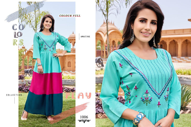 Akhand Jyot Colour Full Rayon With Heavy Embroidery Fancy Wear Stylish Designer Long Kurti