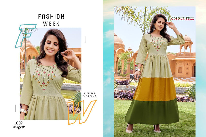 Akhand Jyot Colour Full Rayon With Heavy Embroidery Fancy Wear Stylish Designer Long Kurti