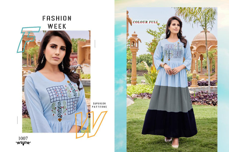 Akhand Jyot Colour Full Rayon With Heavy Embroidery Fancy Wear Stylish Designer Long Kurti