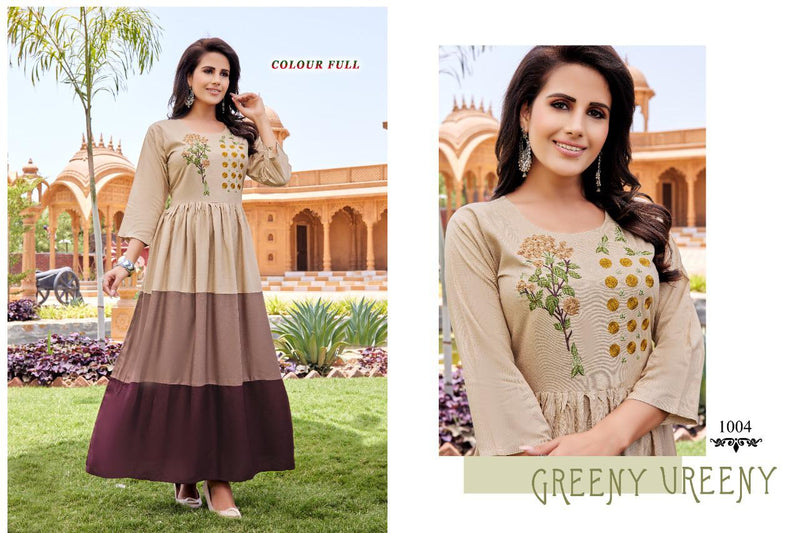 Akhand Jyot Colour Full Rayon With Heavy Embroidery Fancy Wear Stylish Designer Long Kurti