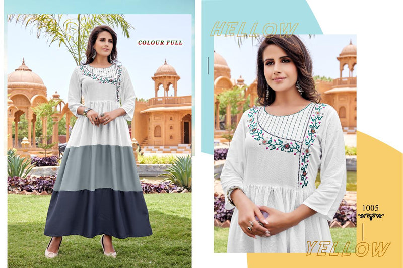 Akhand Jyot Colour Full Rayon With Heavy Embroidery Fancy Wear Stylish Designer Long Kurti