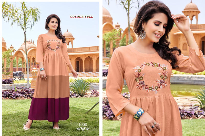 Akhand Jyot Colour Full Rayon With Heavy Embroidery Fancy Wear Stylish Designer Long Kurti