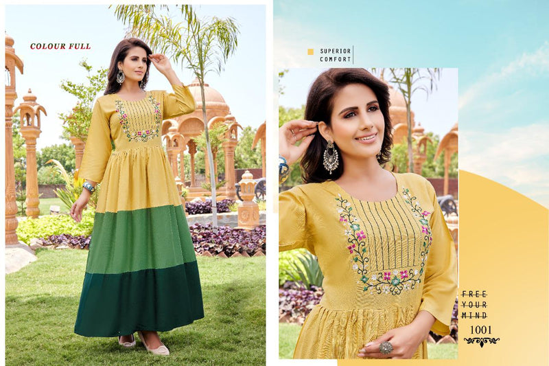Akhand Jyot Colour Full Rayon With Heavy Embroidery Fancy Wear Stylish Designer Long Kurti