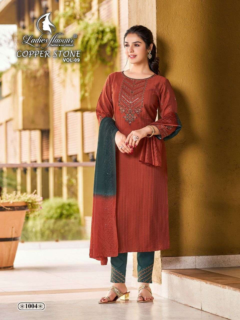 Ladies Flavor Copper Stone Vol 9 Nylon Viscose Party Wear Kurtis With Dupatta & Bottom