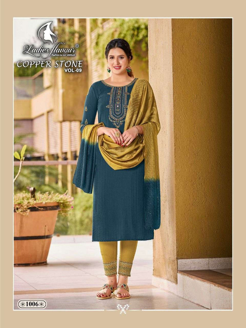 Ladies Flavor Copper Stone Vol 9 Nylon Viscose Party Wear Kurtis With Dupatta & Bottom