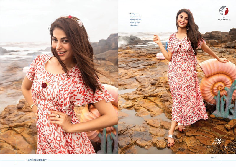 Anju Fabrics Coral Chiffon Printed Gown Style Fancy Party Wear Kurtis