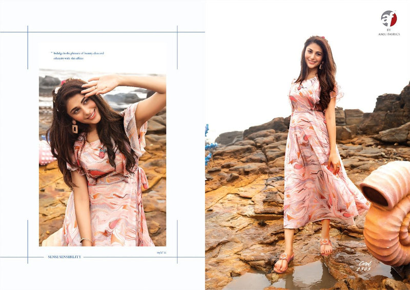 Anju Fabrics Coral Chiffon Printed Gown Style Fancy Party Wear Kurtis