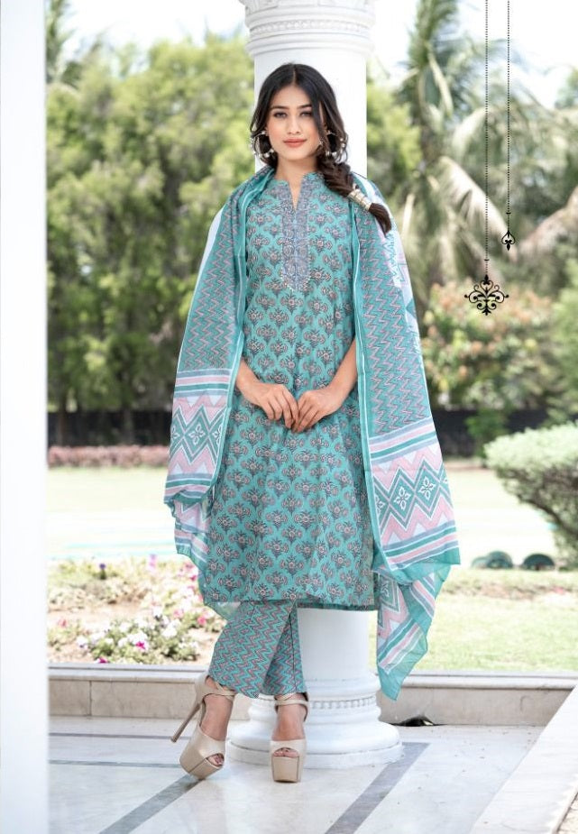 Psyna Cotton Candy Cambric Cotton Party Wear Kurtis With Bottom And Dupatta