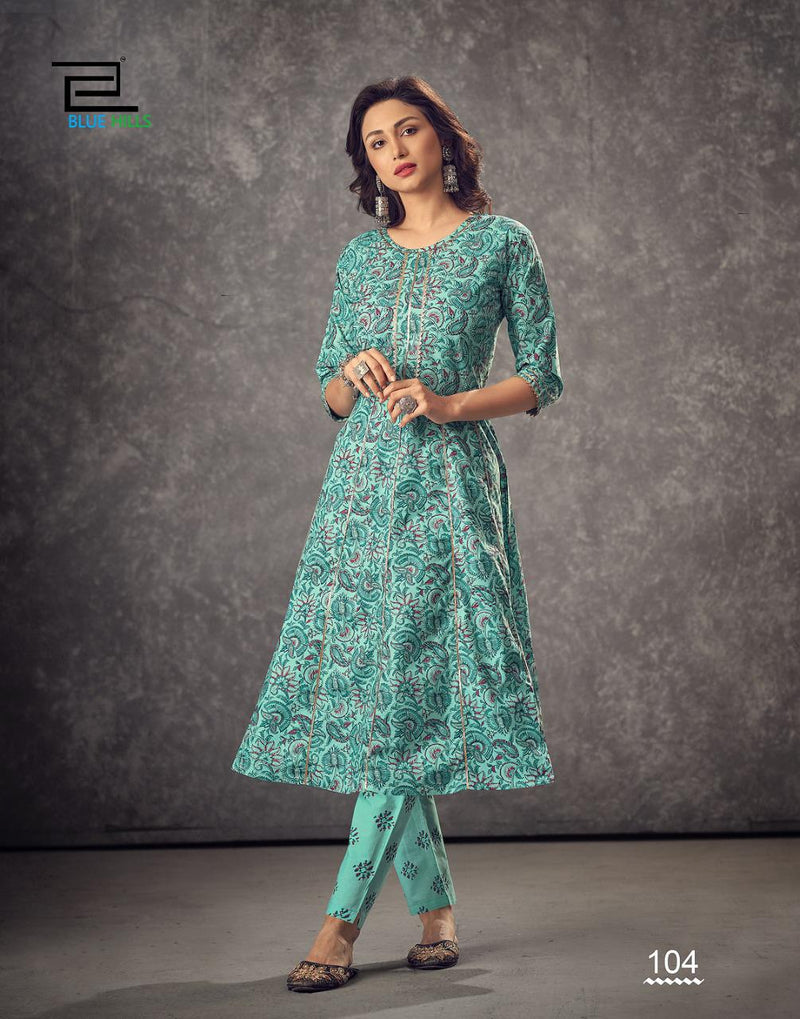 Blue Hills Cotton Show Cotton Fabric Anarkali Style Fancy Kurtis With Pants