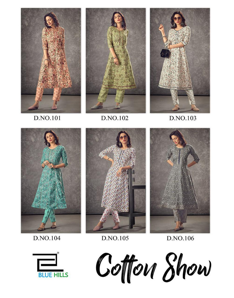 Blue Hills Cotton Show Cotton Fabric Anarkali Style Fancy Kurtis With Pants