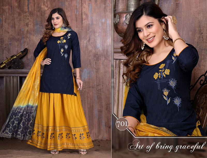 Golden Creamy Vol 1 Rayon Designer Festive Wear Fancy Kurtis With Skirt & Dupatta