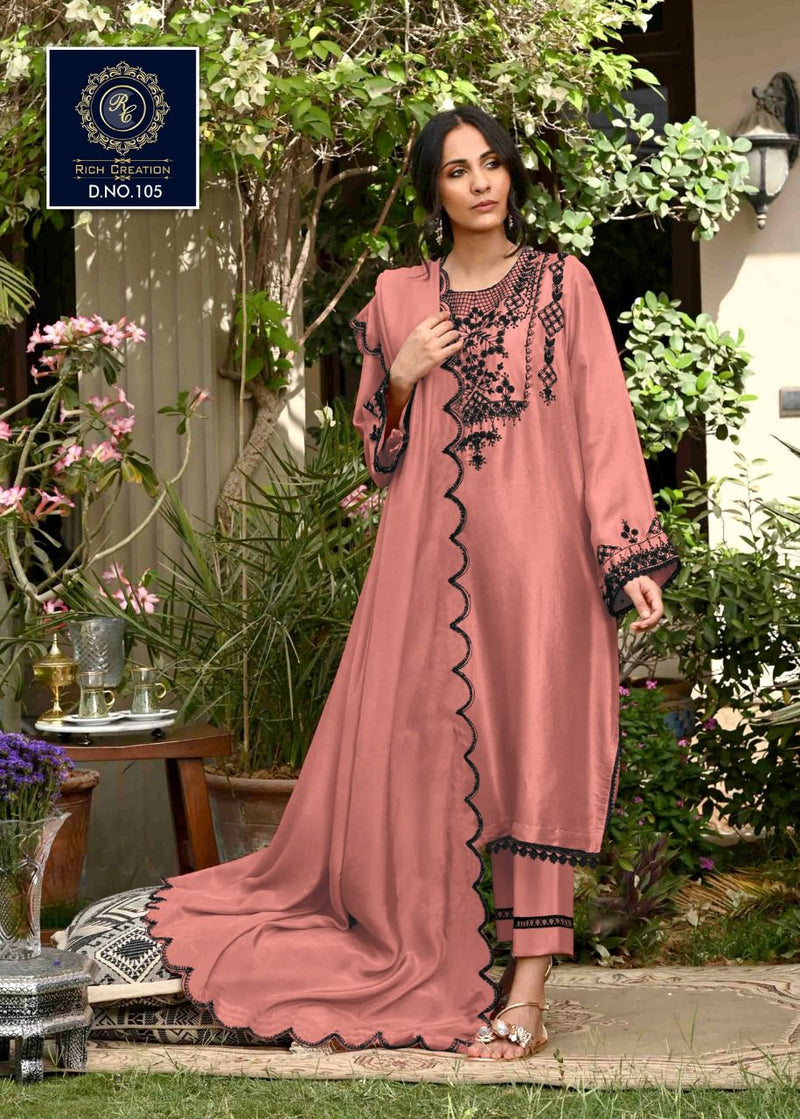 Rich Creation D No 105 Georgette Embroidered Pakistani Style Party Wear Kurtis With Bottom & Dupatta