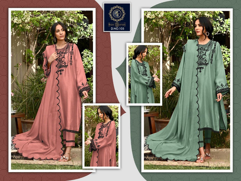 Rich Creation D No 105 Georgette Embroidered Pakistani Style Party Wear Kurtis With Bottom & Dupatta