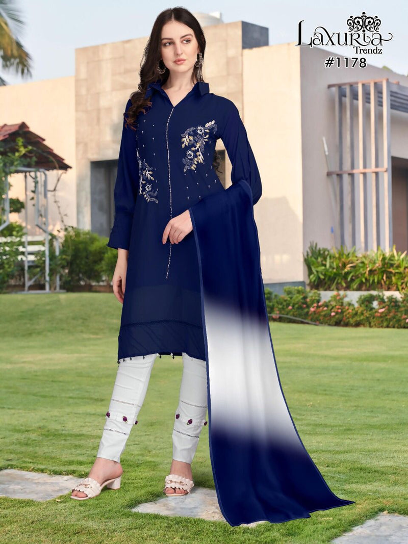 Laxuria Trendz D No 1178 Georgette Beautiful Hand Worked Designer Party Wear Kurtis With Bottom & Dupatta