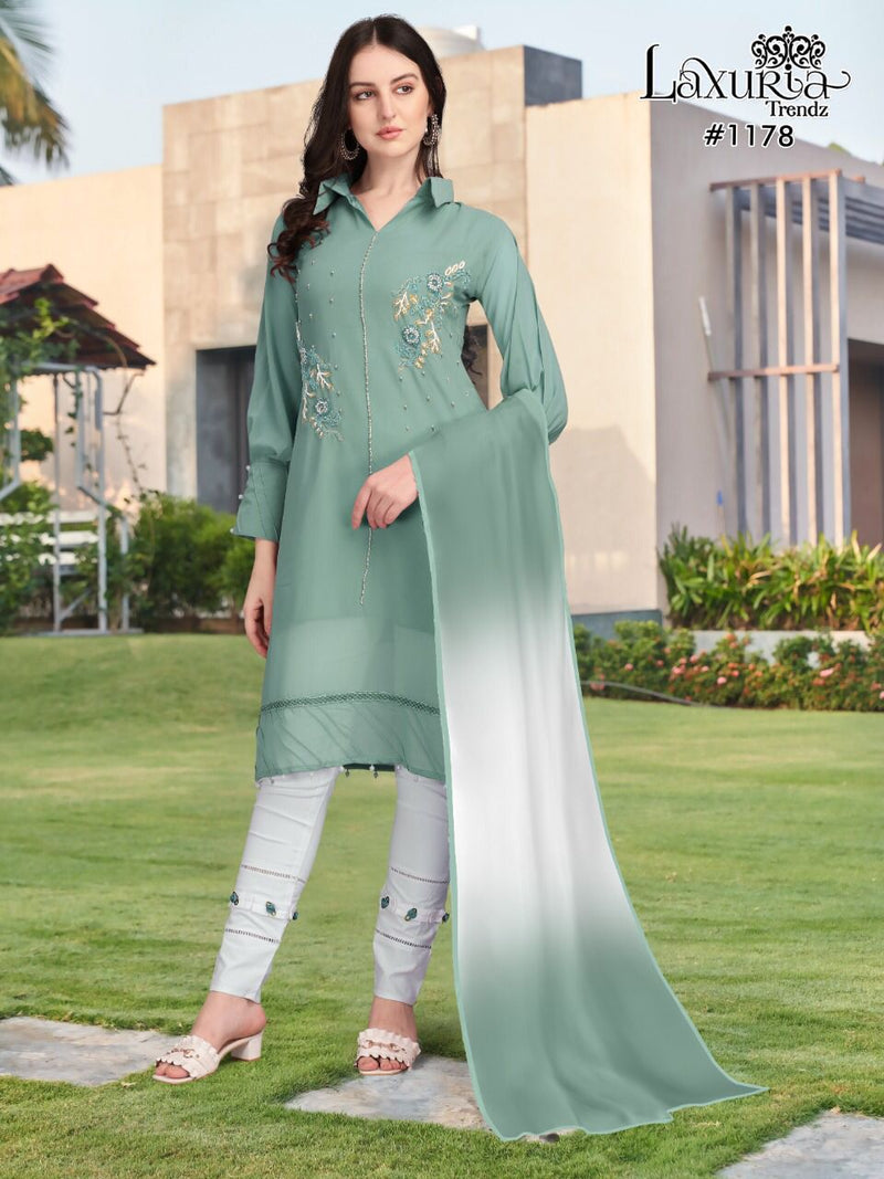 Laxuria Trendz D No 1178 Georgette Beautiful Hand Worked Designer Party Wear Kurtis With Bottom & Dupatta