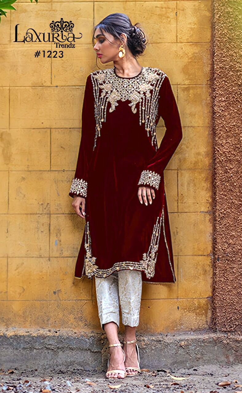 Laxuria Trends Dno 1223 Velvet With Heavy Embroidery Work Stylish Designer Party Wear Kurti