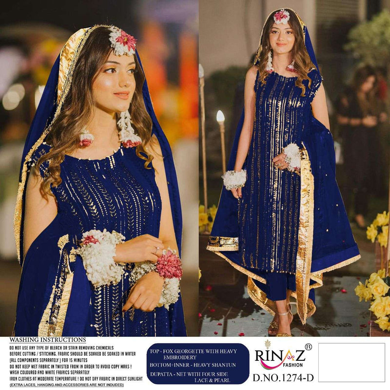 Rinaz Fashion D No 1274 Colour Fox Georgette Heavy Pakistani Style Party Wear  Salwar Kameez