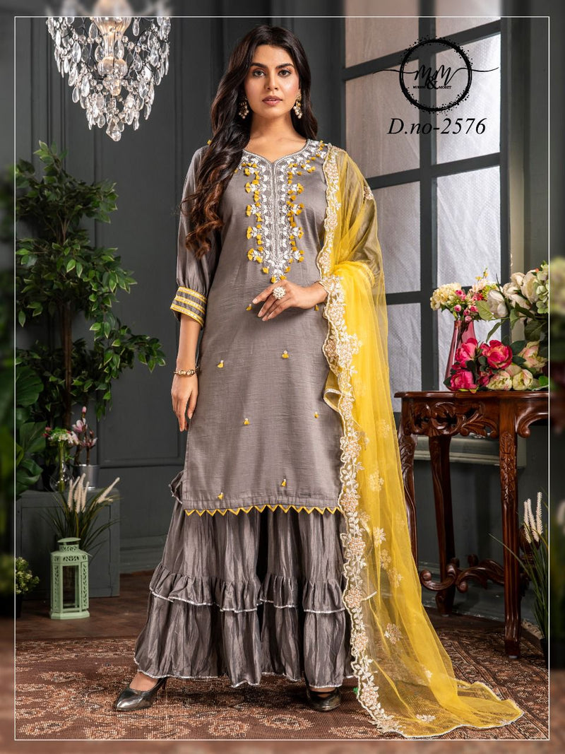 M And M D No 2576 Fancy Embroidered Designer Sharara Style Wedding Wear Salwar Suits