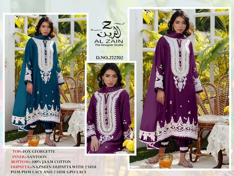 Al Zain D No 272702 Fox Georgette Pakistani Style Party Wear Kurtis With Bottom & Dupatta