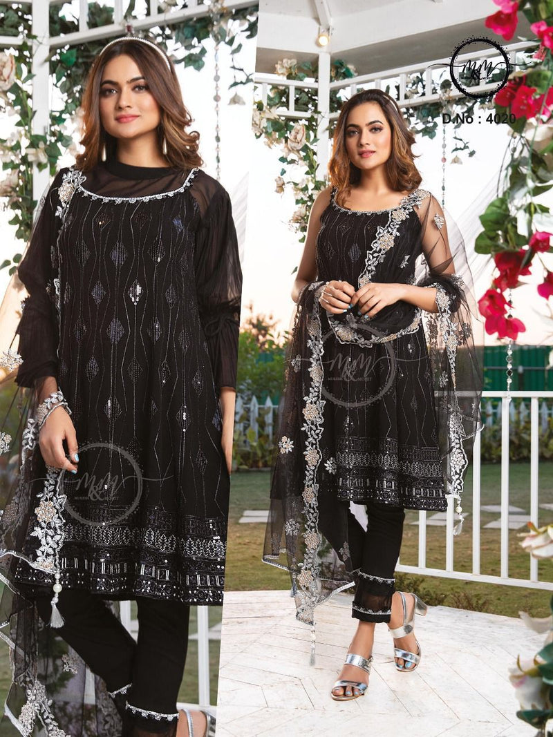 M And M D No 4020 Georgette Embroidered Designer Party Wear Kurtis With Bottom & Dupatta