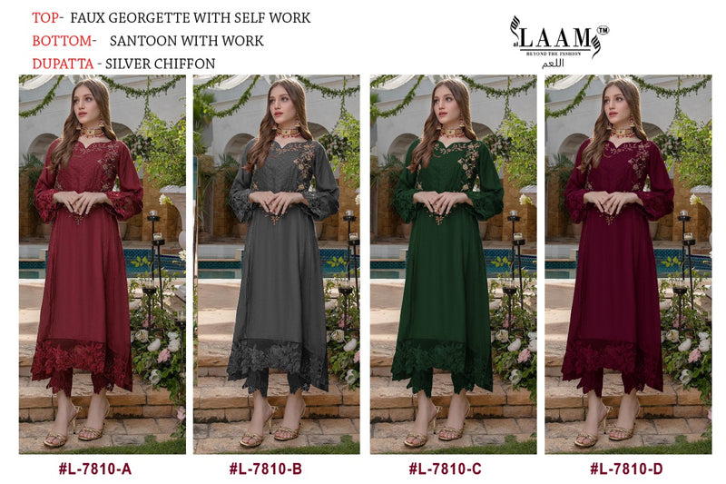 Al Laam D No  7810 Fox Georgette Designer Pakistani Style Festive Wear Kurtis With Bottom & Dupatta