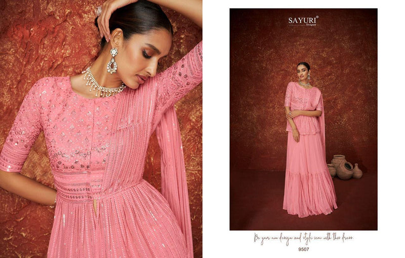 Sayuri Designer Dno 9505 To 9507 Georgette With Embroidery Stylish Designer Party Wear Indo Western Kurti