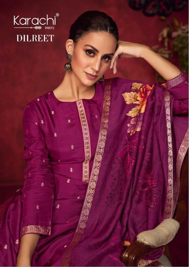 Karachi Dilreet Dola Jacquard Woven With Embroidery Work Stylish Designer Party Wear Salwar Suit