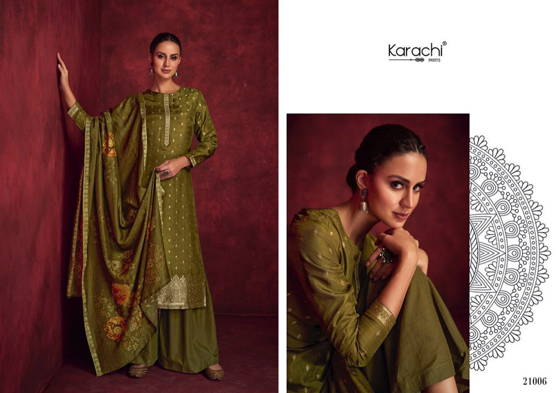 Karachi Dilreet Dola Jacquard Woven With Embroidery Work Stylish Designer Party Wear Salwar Suit