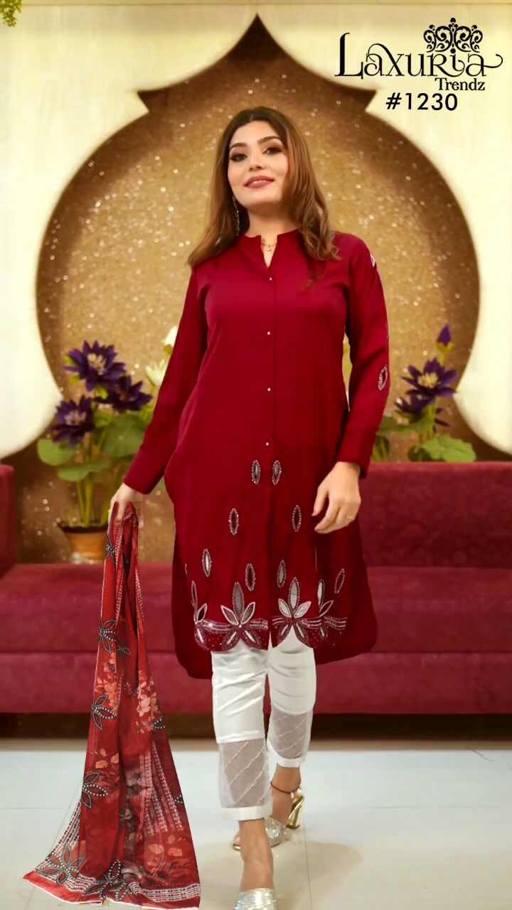 Laxuria Trendz Dno 1230 Georgette With Stylish Neck Pattern & Handwork In Sleeve Preet Kurti