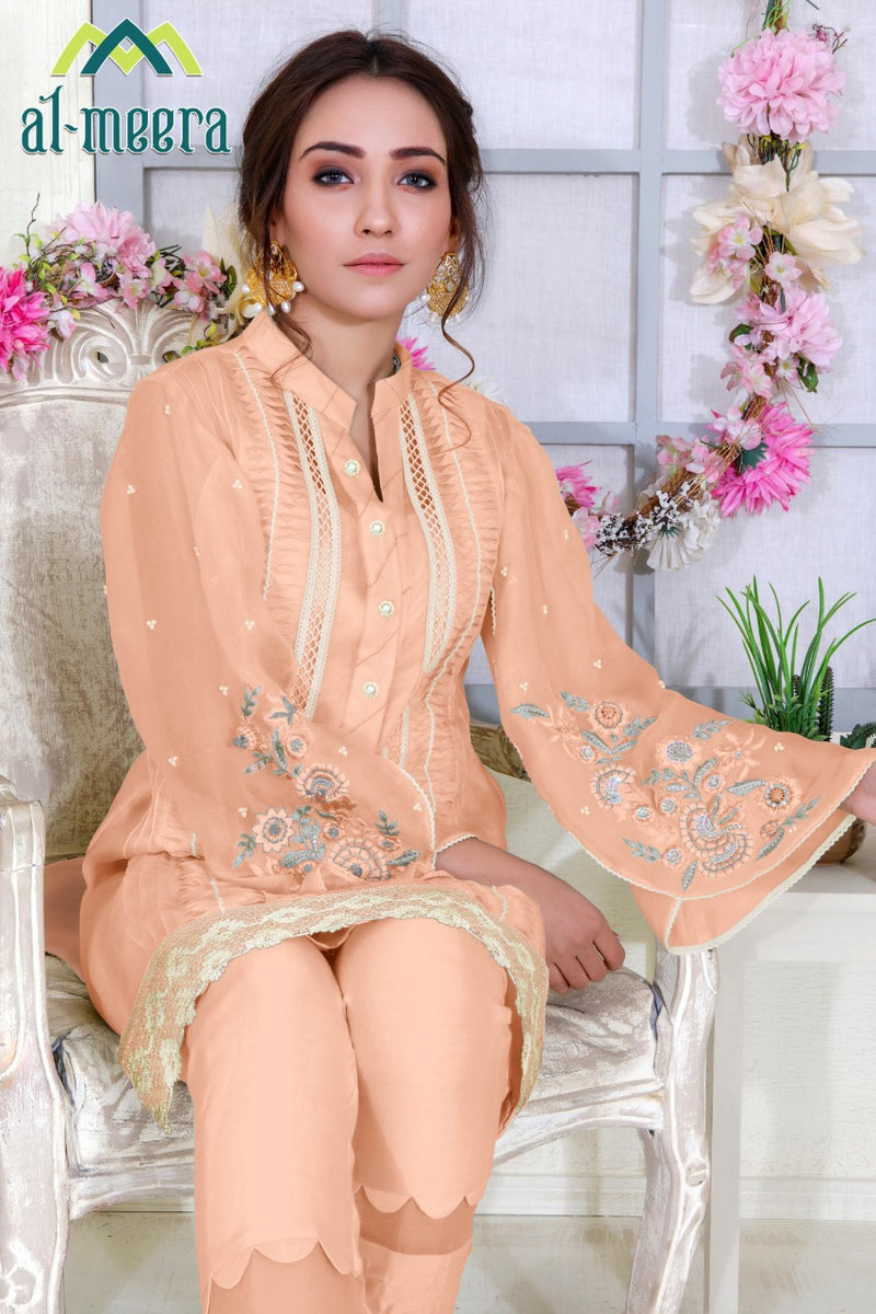 D No 1129 By Al Meera Orange Fox Georgette With With Embroidery Work Casual Wear Salwar Suits