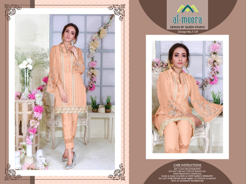 D No 1129 By Al Meera Orange Fox Georgette With With Embroidery Work Casual Wear Salwar Suits