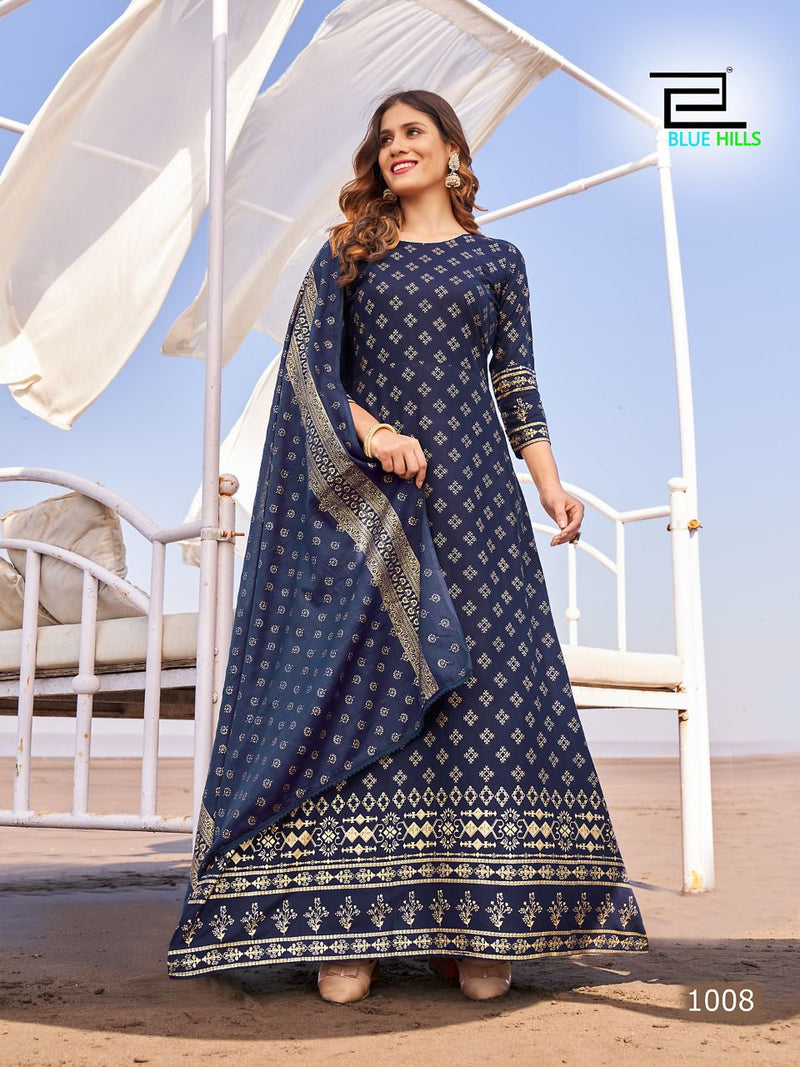 Blue Hills Dupatta Town Rayon With Foil Printed Work Stylish Designer Long Kurti