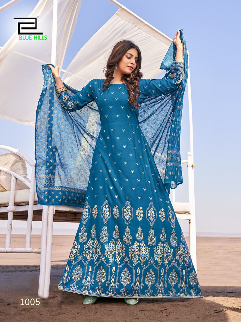 Blue Hills Dupatta Town Rayon With Foil Printed Work Stylish Designer Long Kurti