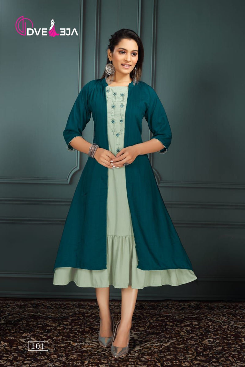 Dveeja Mohey Fancy Rayon Jacket Style Fancy Party Wear Kurtis