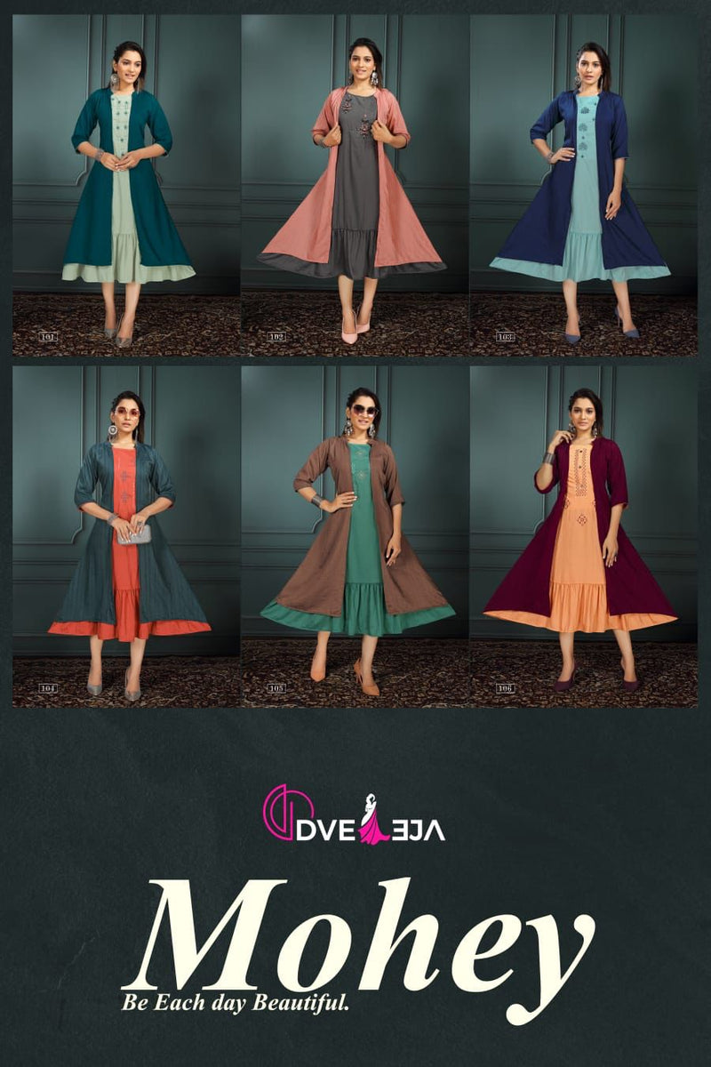 Dveeja Mohey Fancy Rayon Jacket Style Fancy Party Wear Kurtis