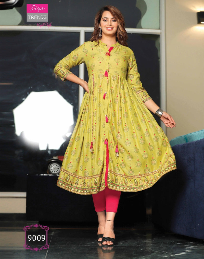Diya Trends Ethnicity Vol 9 Rayon Fancy Embroidery Work Classy Wear Kurtis
