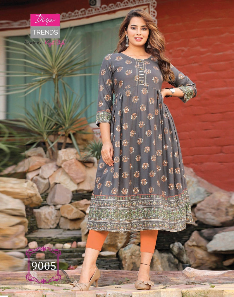 Diya Trends Ethnicity Vol 9 Rayon Fancy Embroidery Work Classy Wear Kurtis