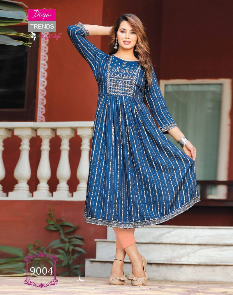 Diya Trends Ethnicity Vol 9 Rayon Fancy Embroidery Work Classy Wear Kurtis